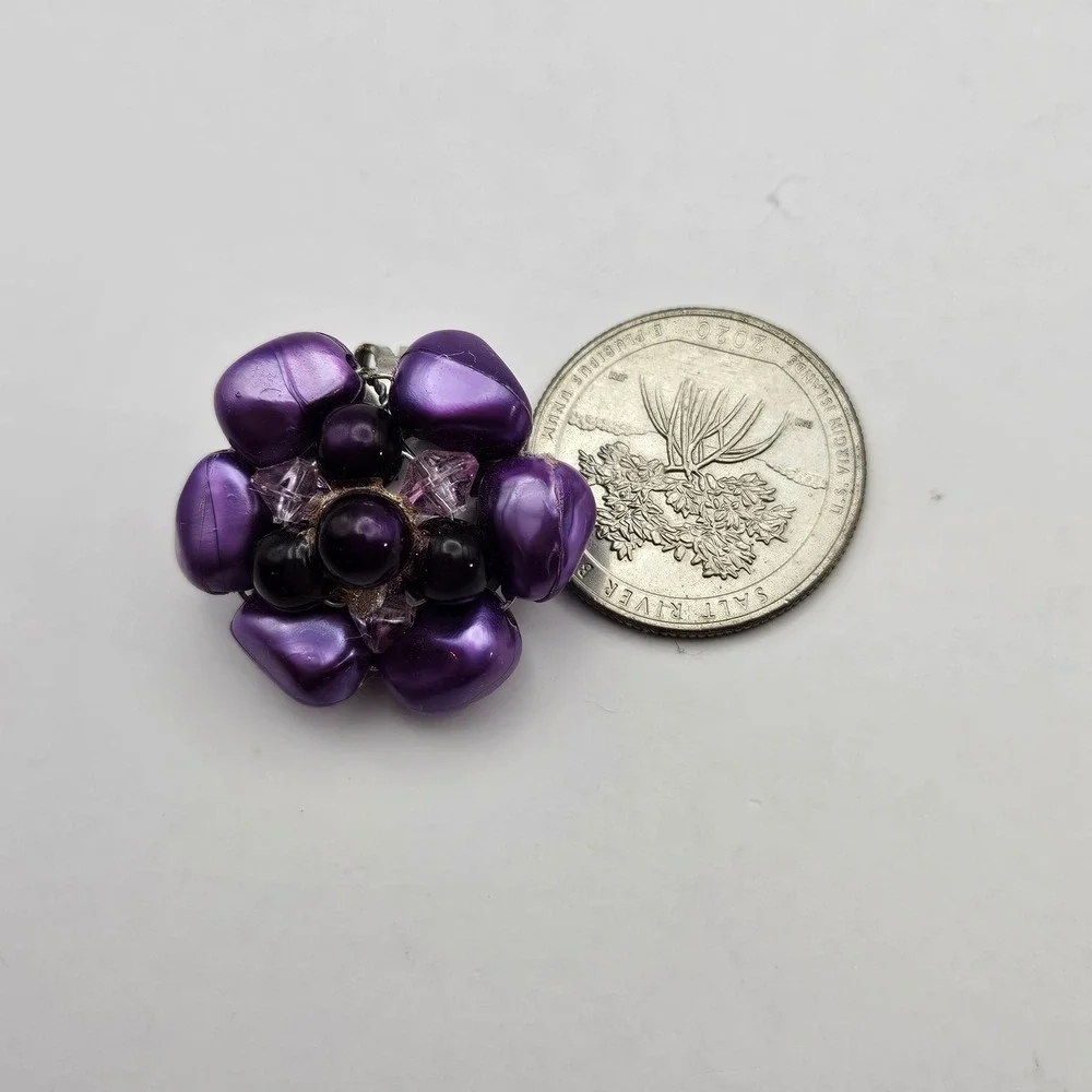 Vintage Purple Bead Double Strand Necklace and Clip On Earring Set Mid Century
